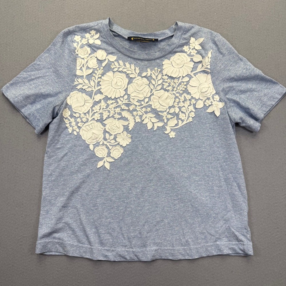 Pankaj & Nidhi Blue Heather Floral 3D Applique Short Sleeve Tee Shirt Small‎
